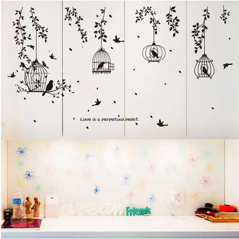 Новые самодельные наклейки черная птичья клетка силуэт листьев домашняя спальня