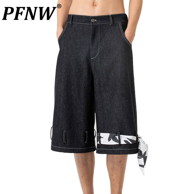 

PFNW Summer Men's Tide Denim Shorts Decorative Loop Flower Lace Casual Techwear Darkwear Wearproof Straight Short Jeans 12A8965