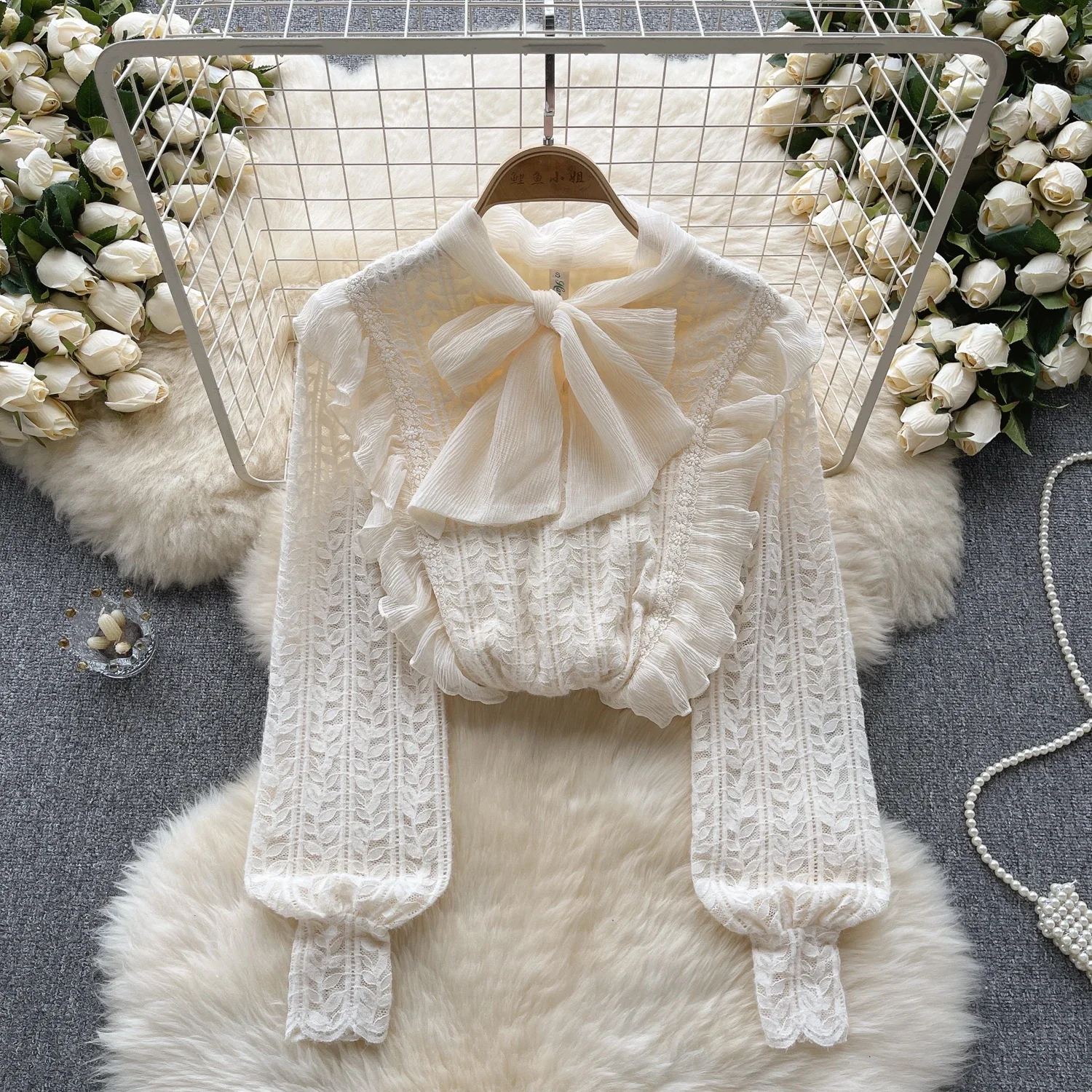 

Chic Sweet Lace Bow Lace Up Long Sleeve Loose Blouse Elegant French Fashion Sexy Shirt Spring Autumn Women Top