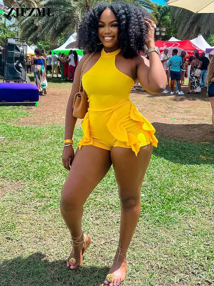 

Винтажный женский короткий комбинезон с оборками, Облегающий комбинезон без рукавов с открытыми плечами, летний цельный комбинезон для фитнеса