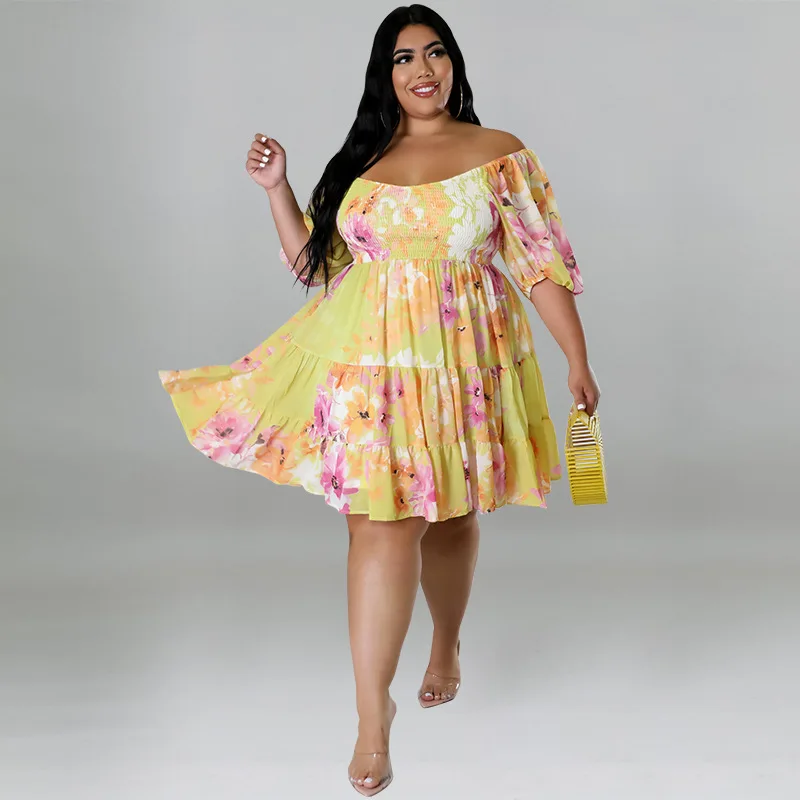 Plus Size Women's Clothing 2022 Summer New Sexy One-shoulder Printed Ladies Dress XL-5XL Oversized