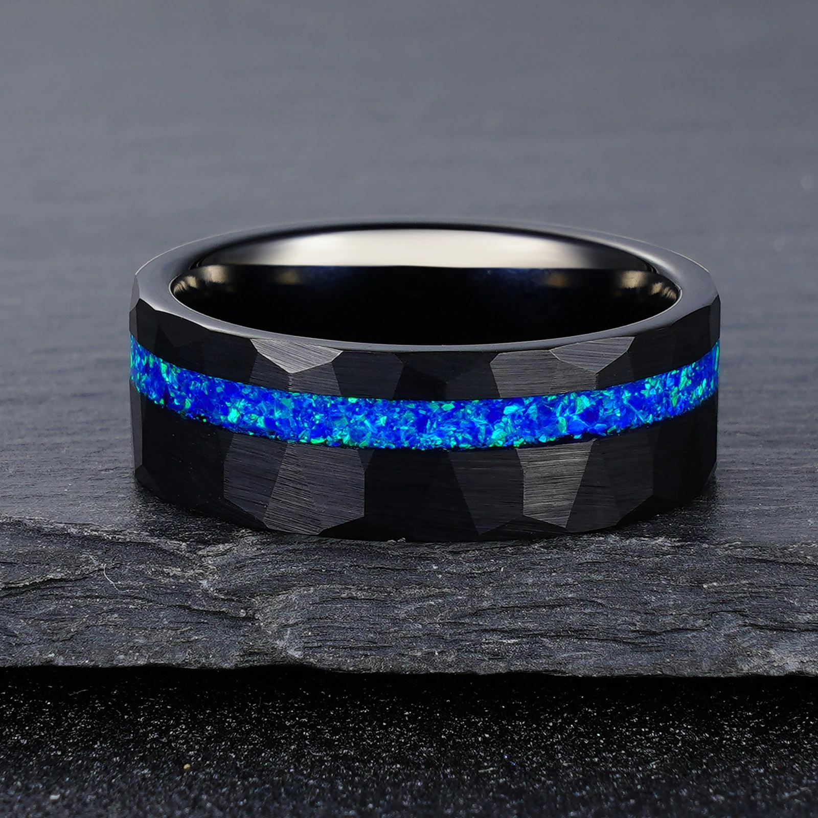 POYA мужское кованое вольфрамовое кольцо с синим опалом