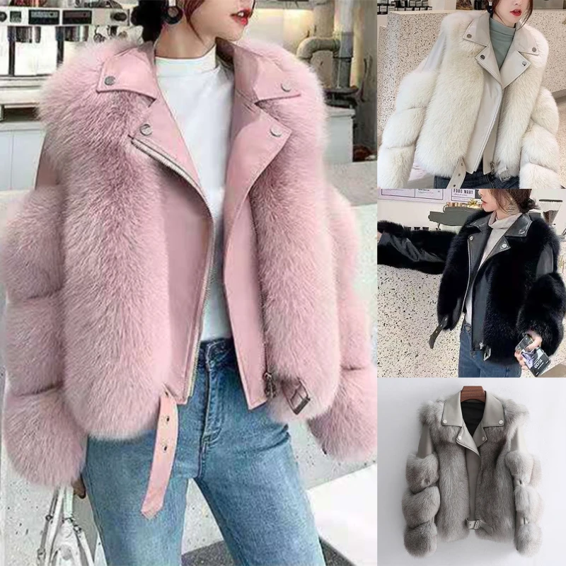 

Модное роскошное пальто из искусственного лисьего меха, мотоциклетная куртка из искусственной кожи с отложным воротником, теплая Женская к...