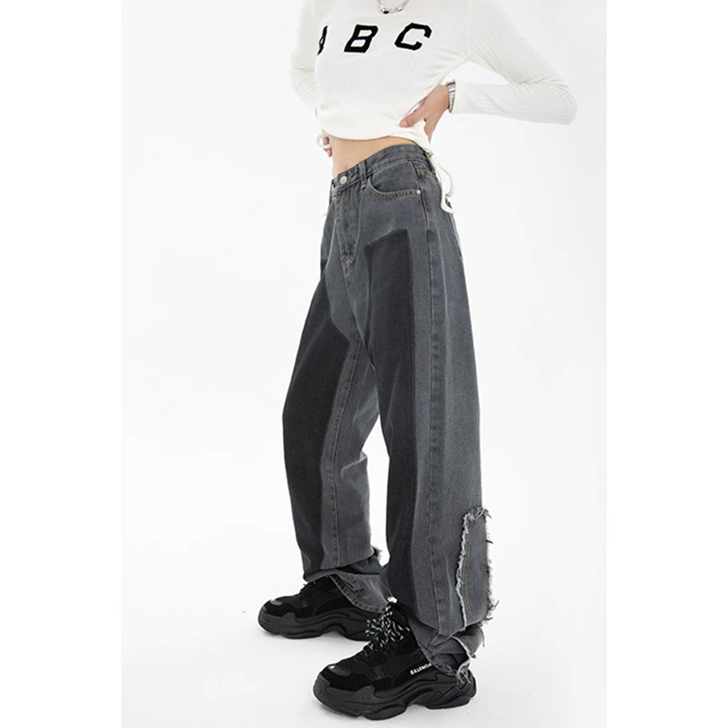 

Grey Women's Jeans High Waist Vintage Straight Baggy Splicing Denim Pants Street American Style Fashion Wide Leg Denim Trouser