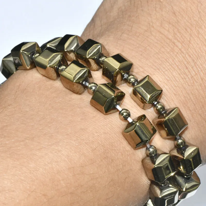 

New Fashion Natural Hematite Square Cubic Pyrite Color Plating Beaded Bracelet For Men Women