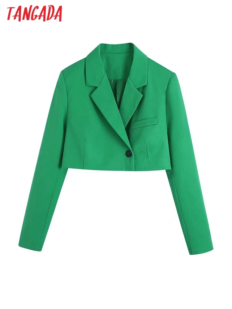 

Tangada Women Vintage Green Short Blazer Female Long Sleeve Elegant Jacket Ladies Crop Blazer Suits CE112