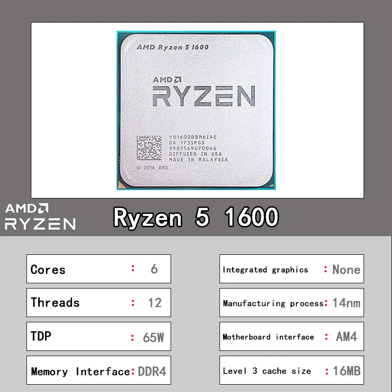 AMD Ryzen 5 1600 НОВЫЙ R5 3.2 ГГц Шестиядерный двенадцатипоточный 65 Вт процессор YD1600BBM6IAE Socket AM4 новый, но без вентилятора.