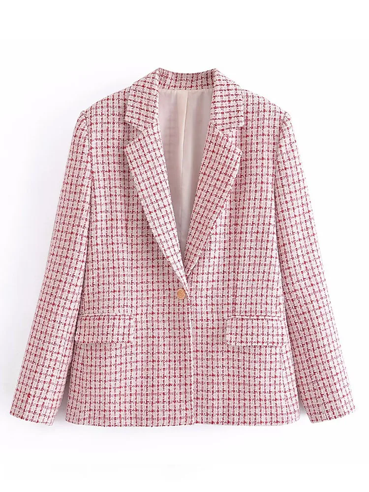 

Women 2022 Autumn New Fashion Tweed Blazer Coat Vintage Long Sleeve Single Buckle Pockets Female Outerwear Chic