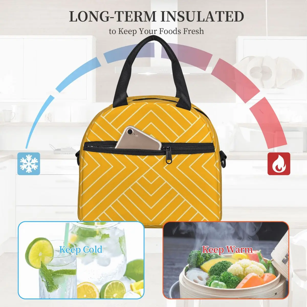 

Nordic Pattern Lunch Bag with Handle Art Deco Yellow Refrigerator Cooler Bag Carry Meal Reusable Thermal Bag