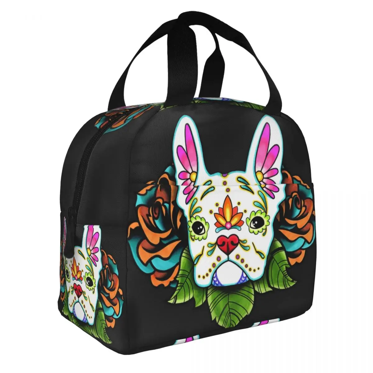 

Day Of The Dead French Bulldog In White Sugar Skull Dog Lunch Bento Bag Portable Aluminum Foil thickened Thermal Cloth Lunch Bag