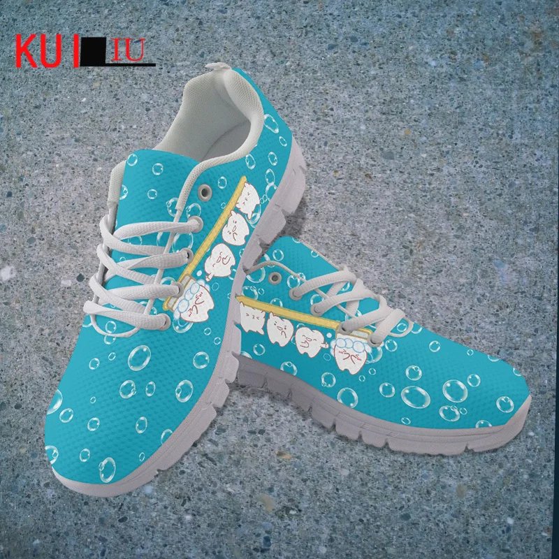 

KUILIU Women Flat Shoes Dentist Casual Mesh Sneakers Premium Sketch Cartoon Tooth Print Breathable Lace Up Walking Footwear