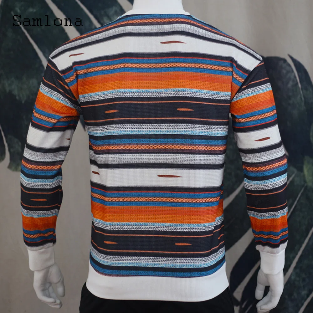 Samlona Plus Size Men Knitting Sweater 2023 New Spring Waffle Pullovers Mens Top Streetwear Male Retro Striped Print Sweaters
