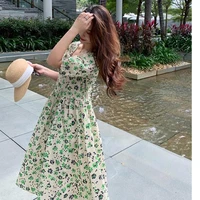2022 summer large women green floral print dresses simple loose vintage dress o neck robe femme clothes
