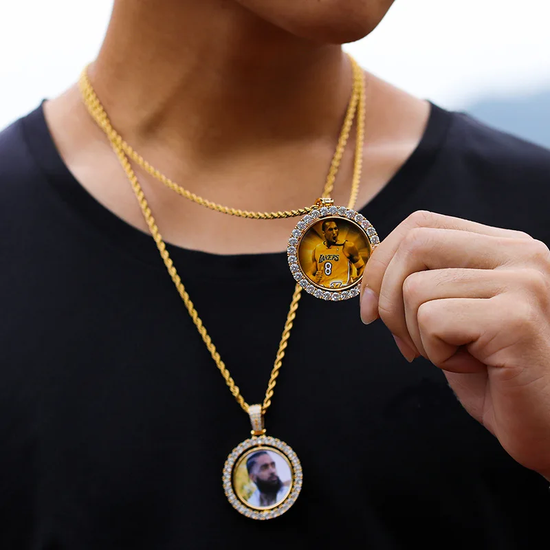 

Custom Picture Necklace Stainless Steel Rope Chain Personalized Photo Rotatable Zircon Circle Pendant Necklace For Women Gifts