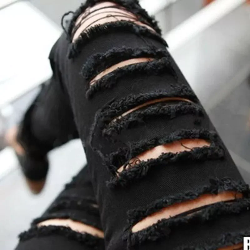 

lady fashion casual pencil pant black white ripped slim pants blended cotton hole skinny leggings with pocket pleated trousers