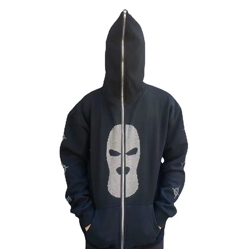 

Vintage Rhinestone Masked Person Patten Oversized Hoodies Women Zip Up Long Sleeve Gothic Grunge Fashion Casual Loose Men Jacket