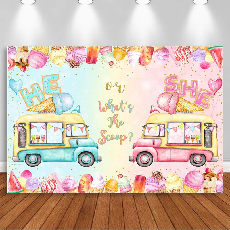 

Whats The Scoop Gender Reveal Backdrop Ice Cream Truck Gender Surprise Party Decoration He or She Baby Shower Banner Background