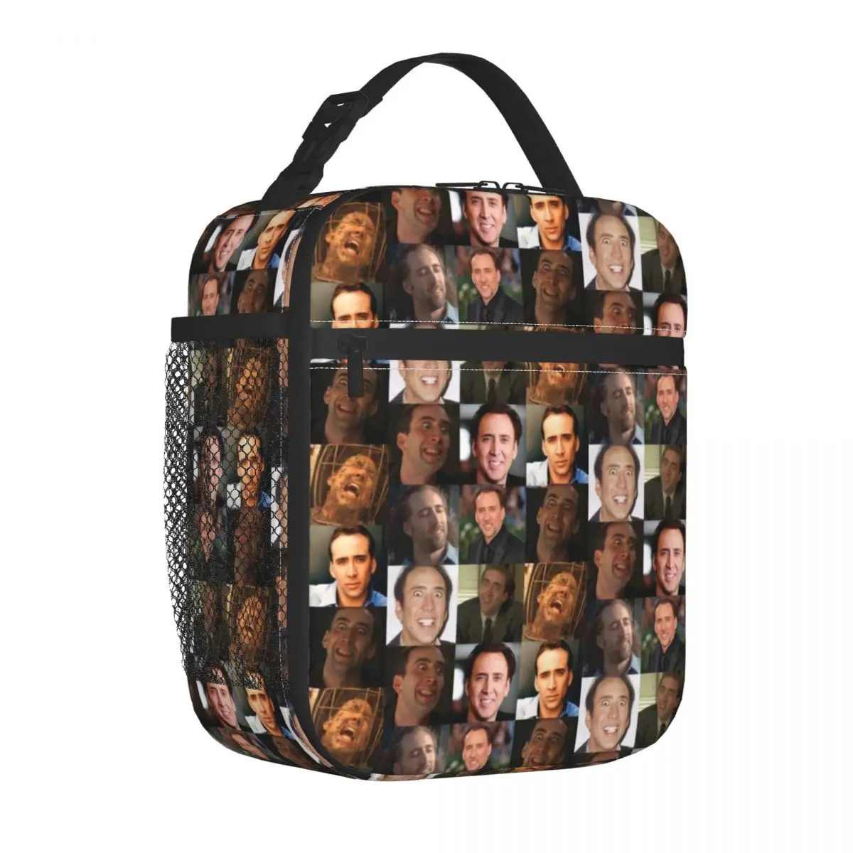 

Meme Collage Lunch Bag with Handle Nicolas Cage Meal Mesh Pocket Cooler Bag Reusable Clutch Refrigerator Thermal Bag