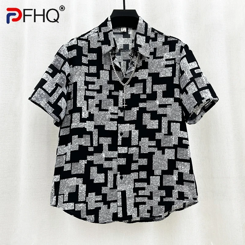 

PFHQ 2023 Summer New Fashion Casual Chain Shirts For Men Turn-down Collar Short Sleeve Loose Men's Blouse Clothing Tide 21F4022