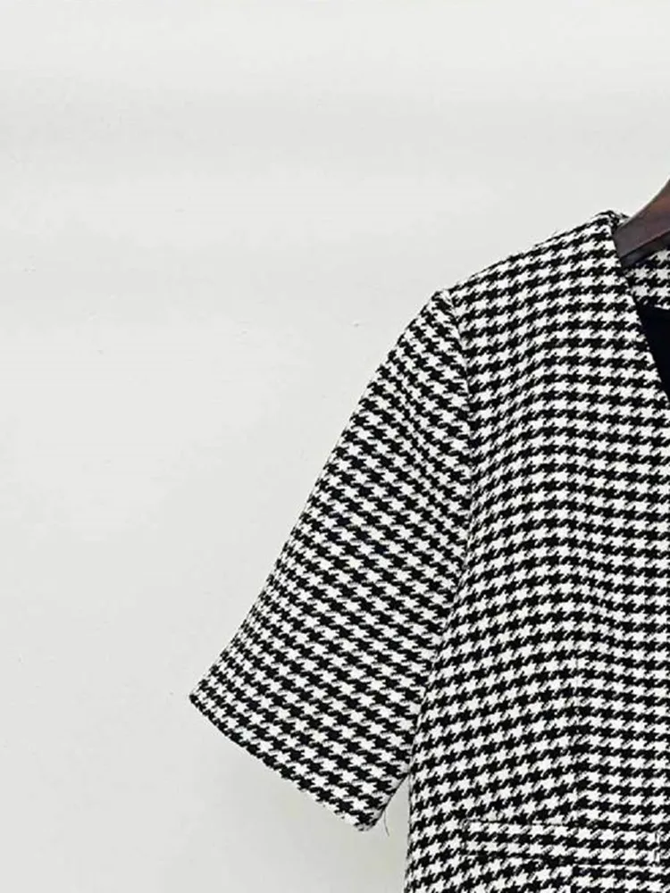 Women's Houndstooth Robes Tweed Fake Two Pieces Buttons Short Sleeve Female V-neck 2023 Fall Mini Dress