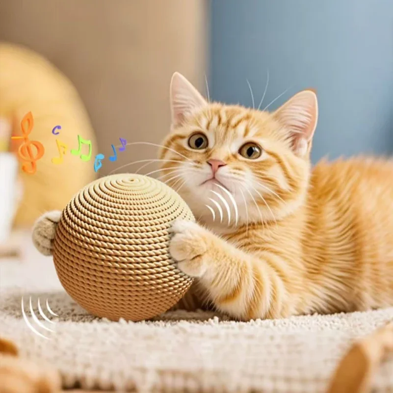 Фото Интерактивная игрушка для кошек из сизаля: мячик-когтеточка, звуковая игрушка для котят, для чистки зубов, защита от укусов, зоотовары №1