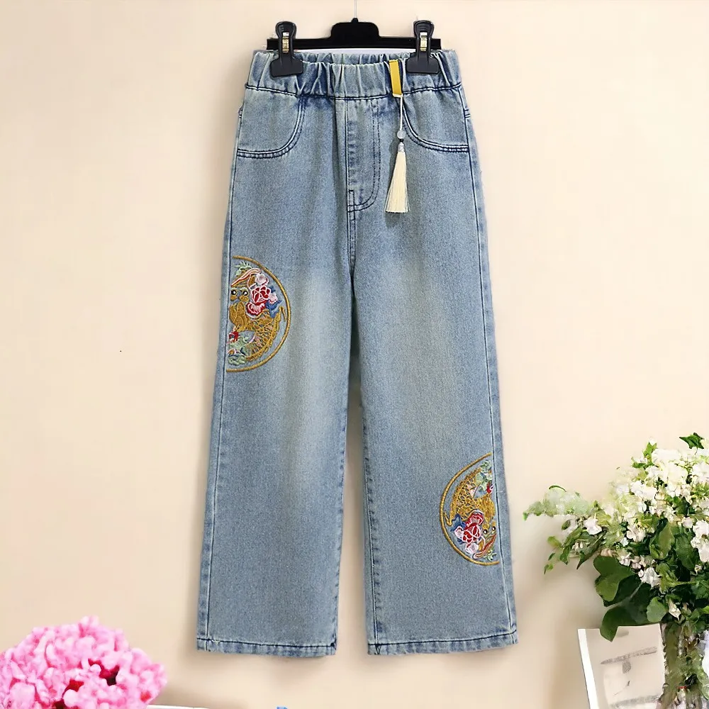 Детские джинсы с цветочным принтом для девочек брюки широкими штанинами