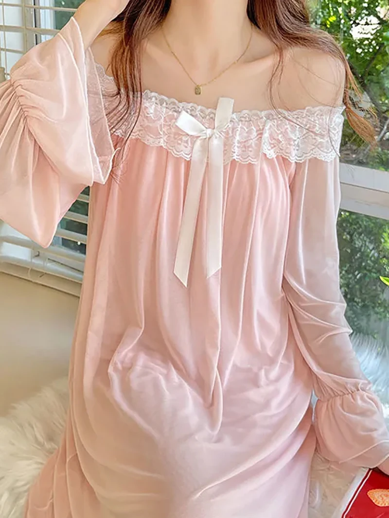 

Women Fairy Ruffles Mesh Lolita Vintage Princess Vestido Nightdress Spring Autumn Pure Cotton Lace Victorian Nightgown Sleepwear