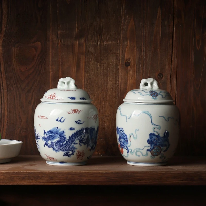 

Antique Blue and White Ceramic Tea Cans Tea Sealed Storage Tanks Household Small Tea Warehouses Caddy Kung Fu Tea Accessories