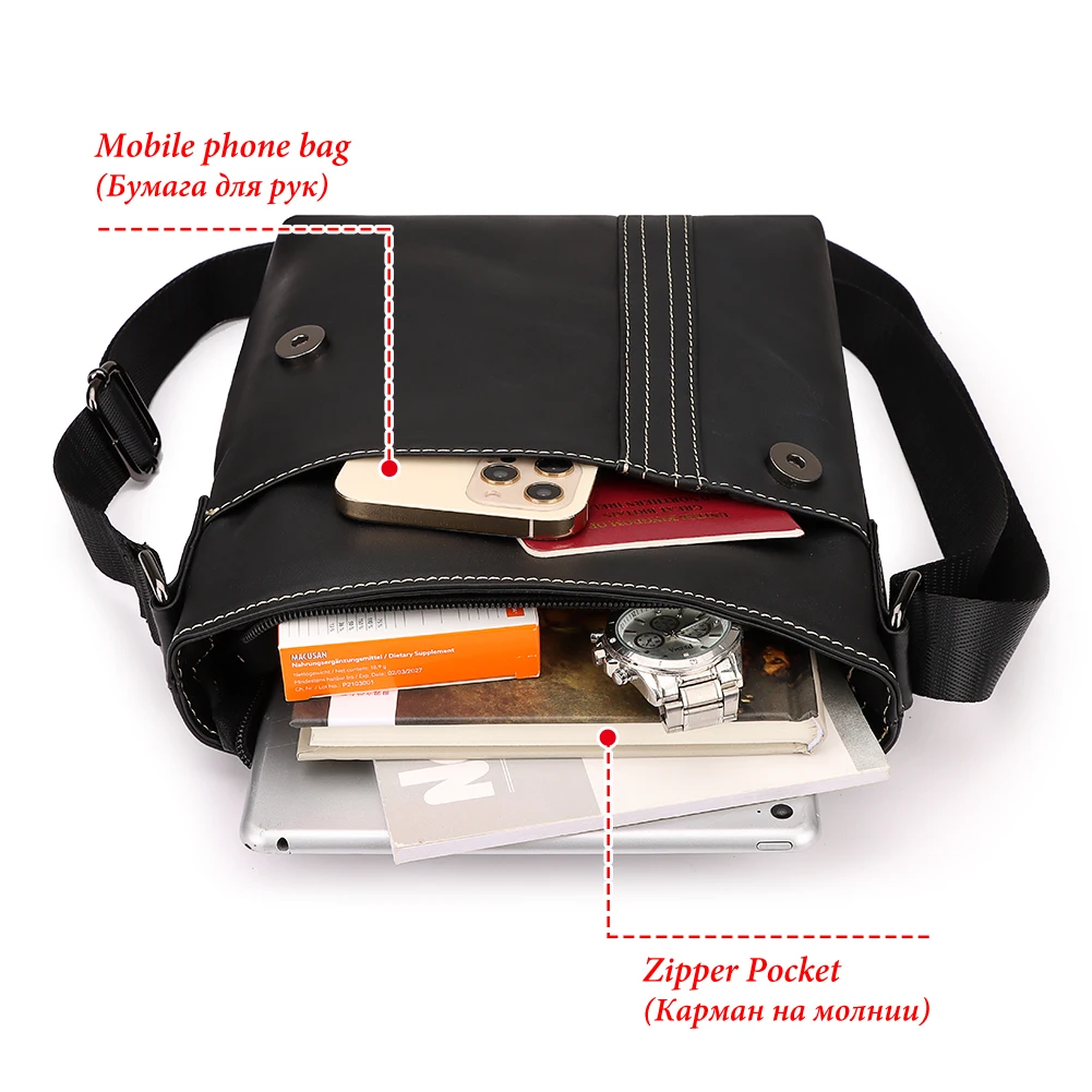 New Cowhide Leather Shoulder Bag for Men Luxury Design Messenger Bag Lightweight Crossbody Bags for 9.7inch iPad Flap Pocket