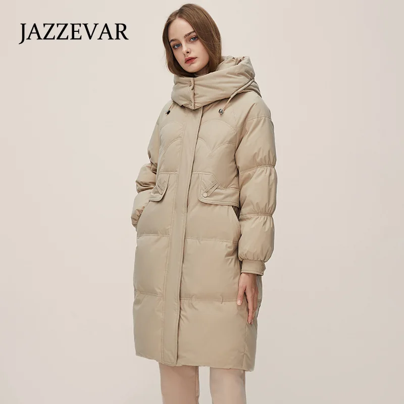 JAZZEVAR 2022 New Mid-long Down Jacket Women Fashion Hooded Korean Silhouette Thick Warm Winter Coat