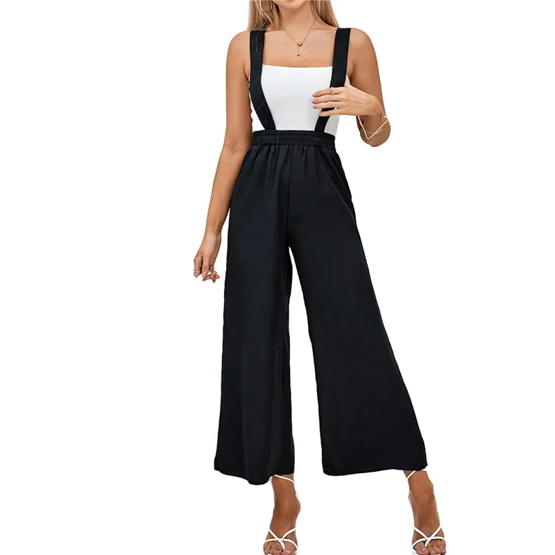 

Women Suspender Pants Casual Loose High Waist Solid Color Trousers Female Summer Spring Long Wide Leg Pants Daily Wear