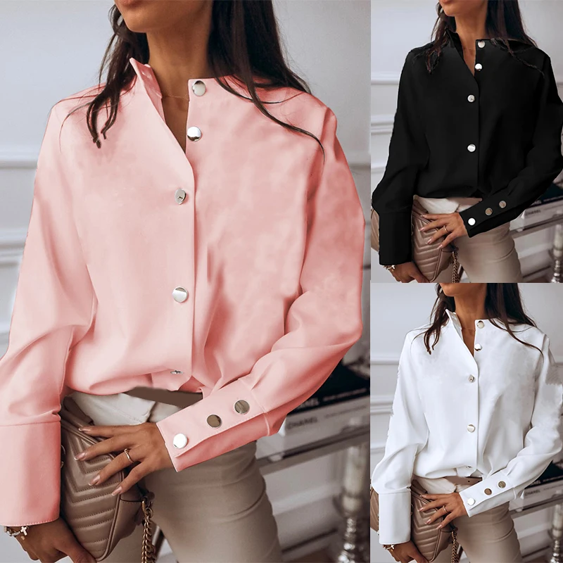 

Small Stand Collar Long Sleeve Shirt Women Shirts Plus Size Cotton White Blouse Femme Long Sleeve Loose Oversized Blouses Tops