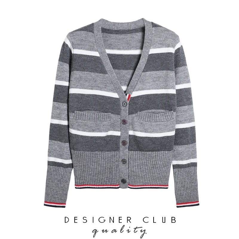 

TB knitted jacket cardigan women's spring and autumn new striped contrast color Korean V-neck outer loose sweater top
