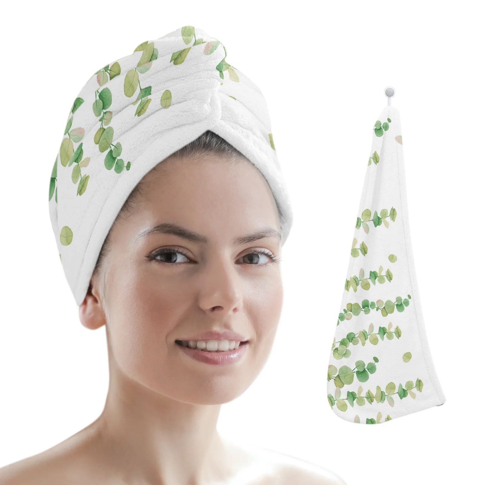

Watercolor Eucalyptus Leaves Plant Green Microfiber Quick Dry Hair Towel Bathroom Hair Towel for Woman Absorbent Hair Care Cap