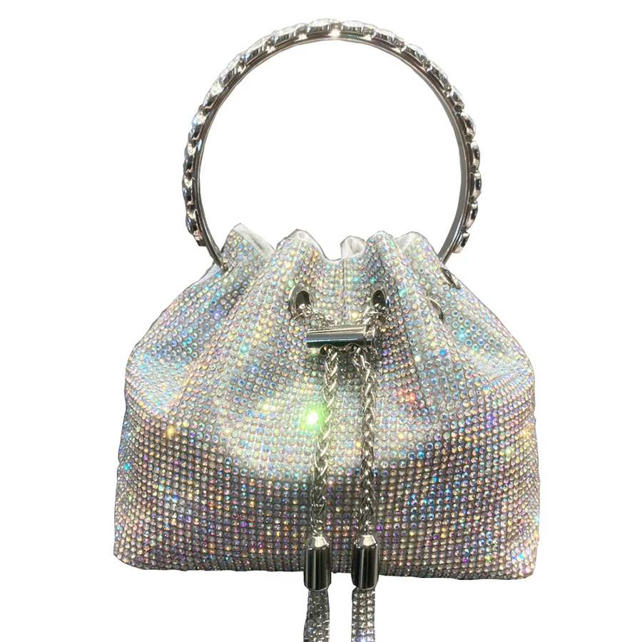 Color contrast tassel women's bucket bag summer dull diamond party dinner bag round handle handbag chain single shoulder bag sac