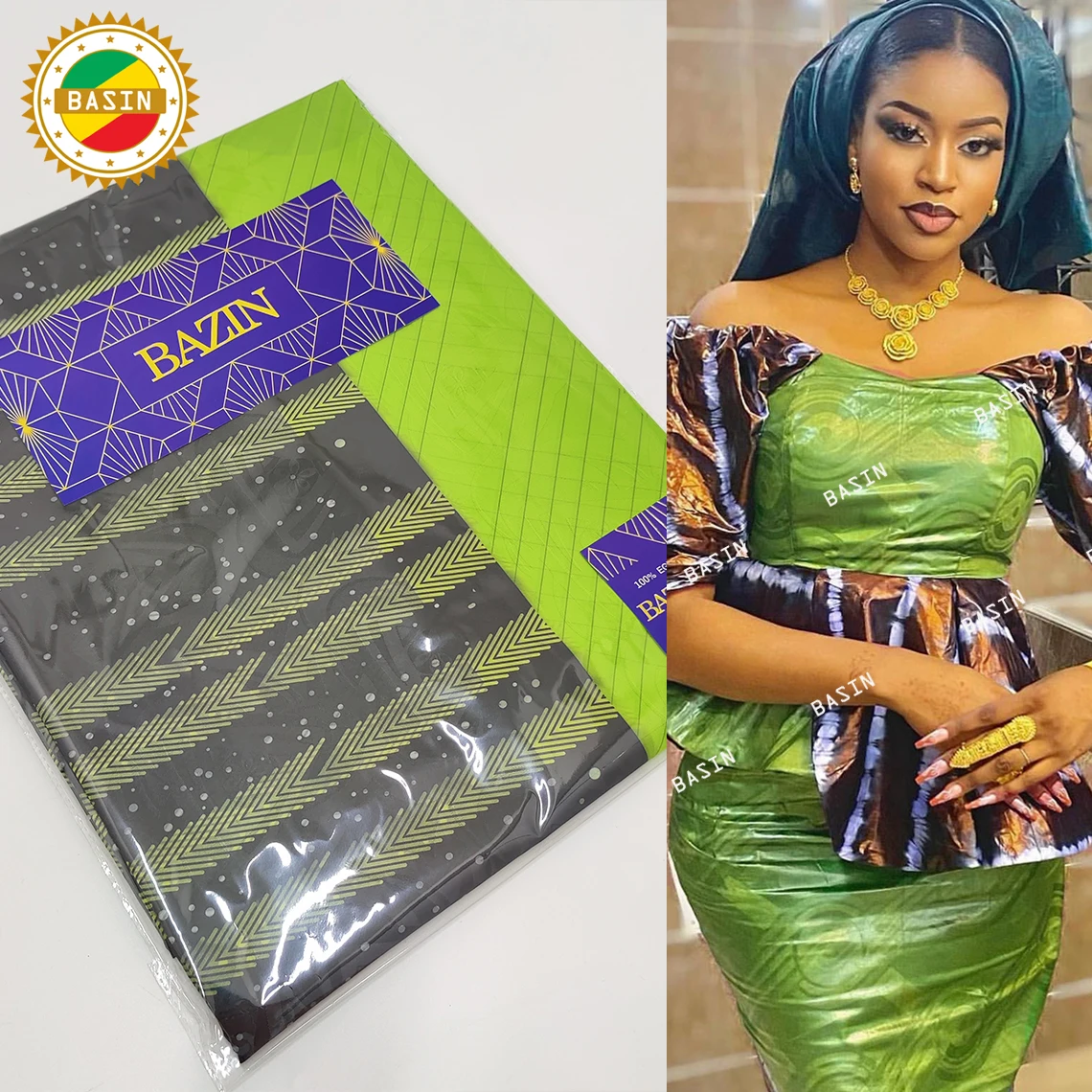 

Green Shiny printed Basin Riche Fabric For Men Or Women Wedding Party Clothing 2022 New Fashion Basin Riche Brocade Wholesale