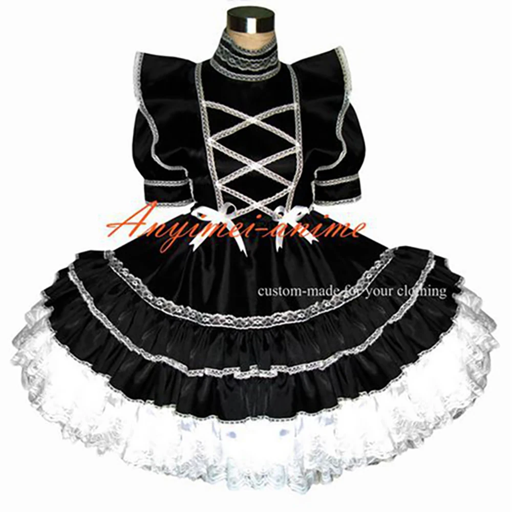 

adult sexy cross dressing sissy maid short Sexy Satin Black Dress white lace Lockable Uniform Tailor-made[G367]