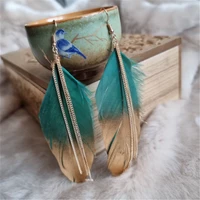 e0216 7 gold dipped feather chain earrings for women girls boho chic hippie extra long feather statement earrings jewelry gift