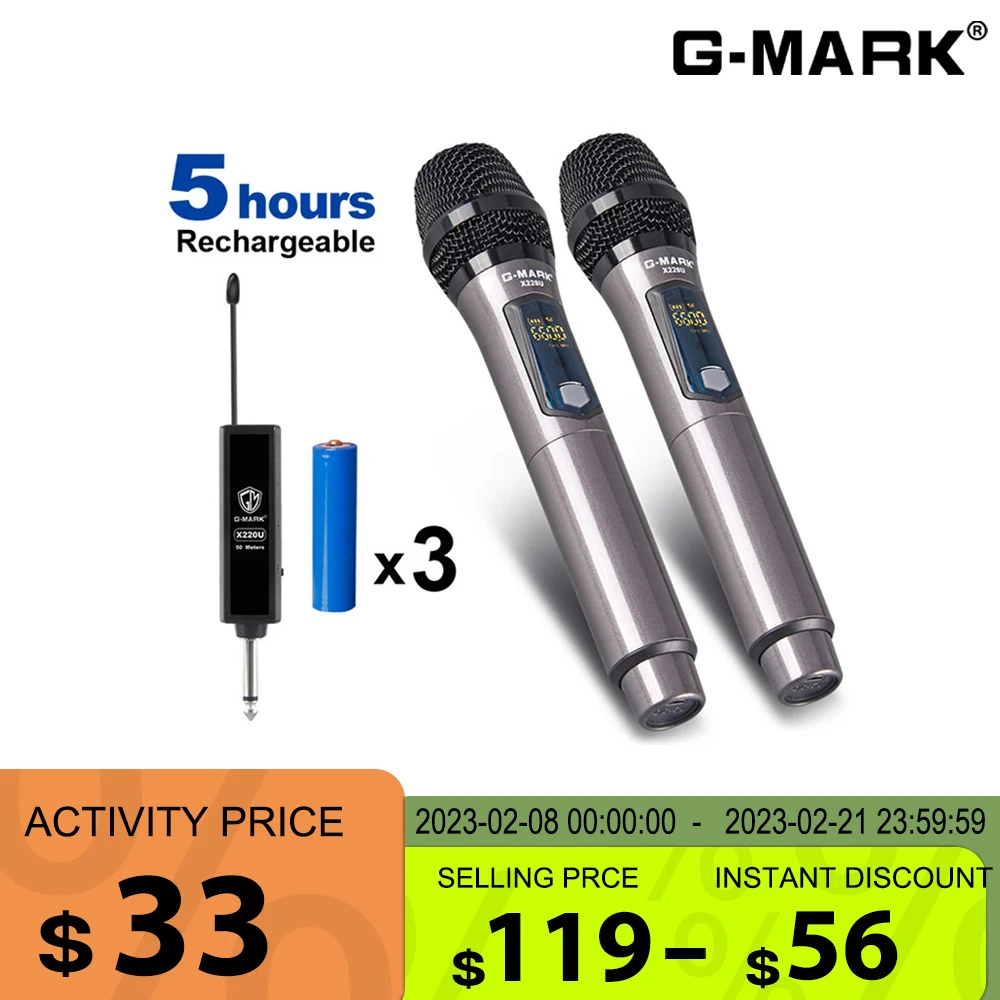 Беспроводной микрофон ручной 2-х канальный с литиевым аккумулятором 50 м UHF запись