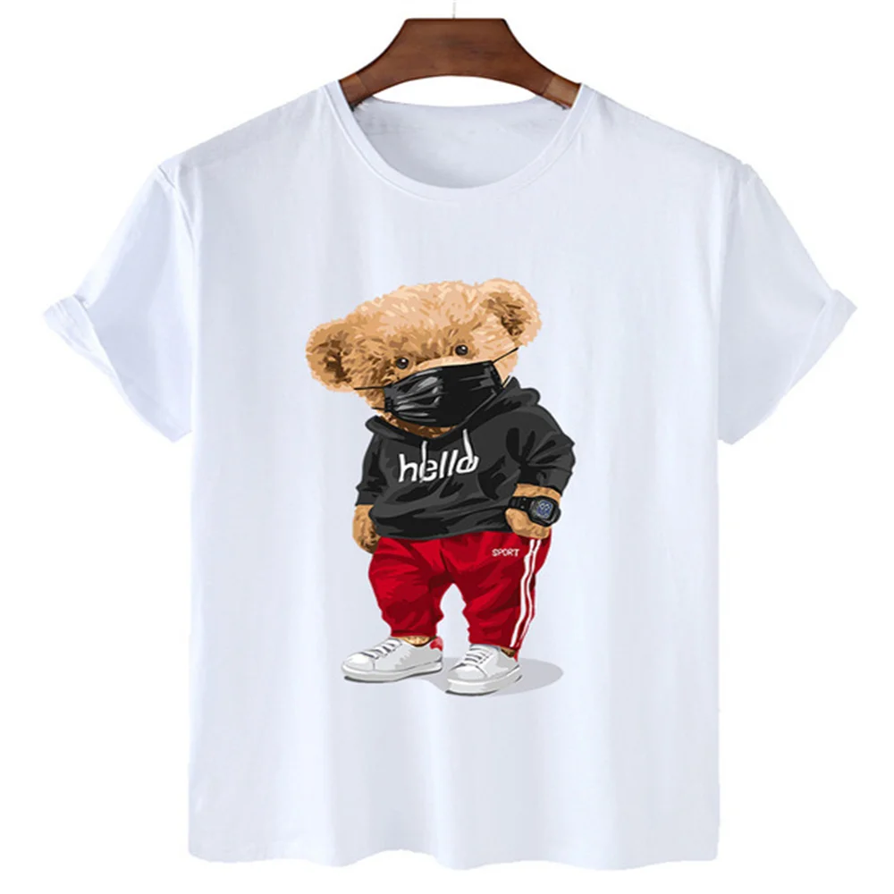 

CLOOCL 100% Cotton Sports Mask Bear Casual O-neck Loose Top Short-sleeved T-shirt Fashion Men's and Women's Tee Shirt Tops