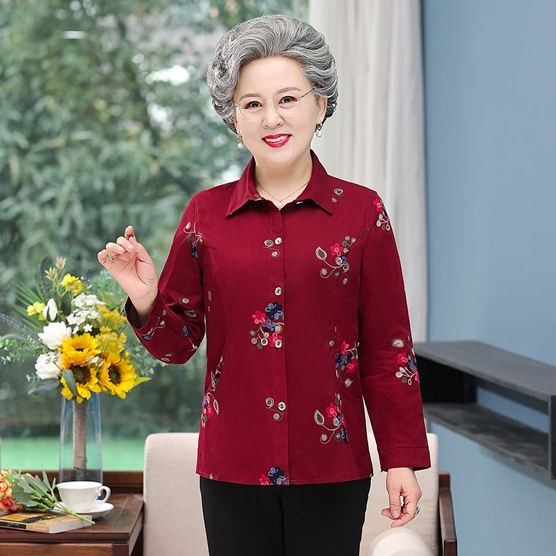 

Elderly Women Blouses Autumn Old-age Mother Tops Long Sleeve Printed Shirt Grandmother Spring Cardigan Coat 5XL