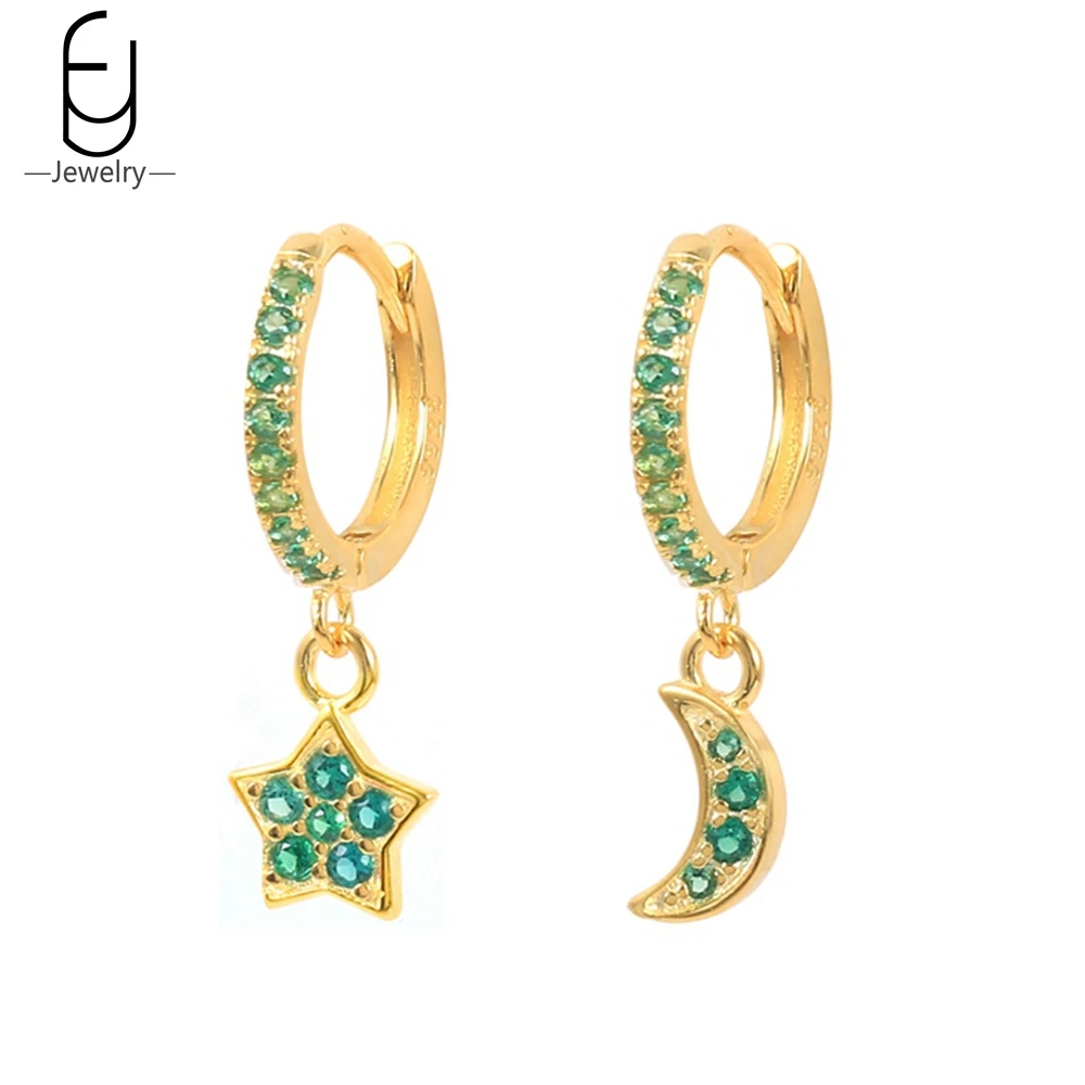 

925 Sterling Silver Needle Premium Asymmetric Star and Moon 18K Gold Earrings 11mm Hoop Earrings for Women Party Luxury Jewelry