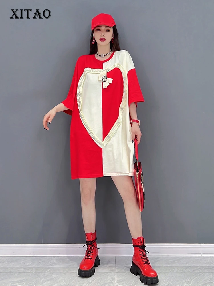 

XITAO Patchwork Bow Dress Women Korea 2022 Summer New Arrival Personality Fashion Loose O-neck Short Sleeve Dress WMD5984