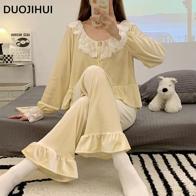

DUOJIHUI Осенняя шикарная кружевная женская пижама из двух предметов, корейский новый кардиган на пуговицах, базовые брюки, свободная повседневная домашняя пижама для женщин