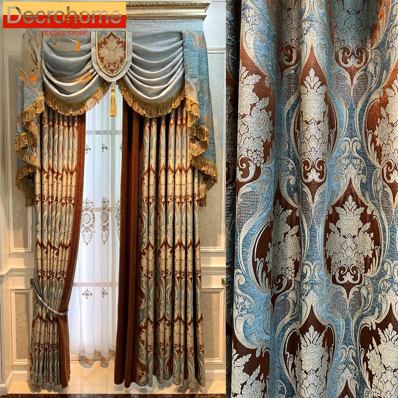 

Curtains for Living Dining Room Bedroom Blue Jacquard Chenille European Style Villa Floral Fabric High Floor-to-ceiling Fabric