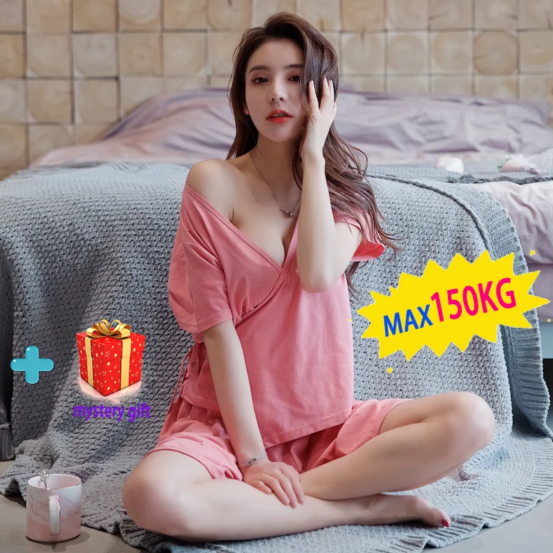 

New Plus Size Japanese Style Kimono 2 Pieces Women's Pajama Sets V-neck Short Sleeve Sleepwear Soft Casual Summer Loose Homewear