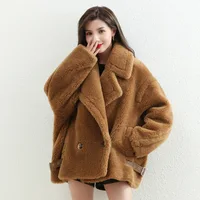 Winter Simple Real Teddy Bear Coat Women Loose Thick Warm Teddy Grain Wool Fur Solid High Quality Camel Double-faced Fur Jacket