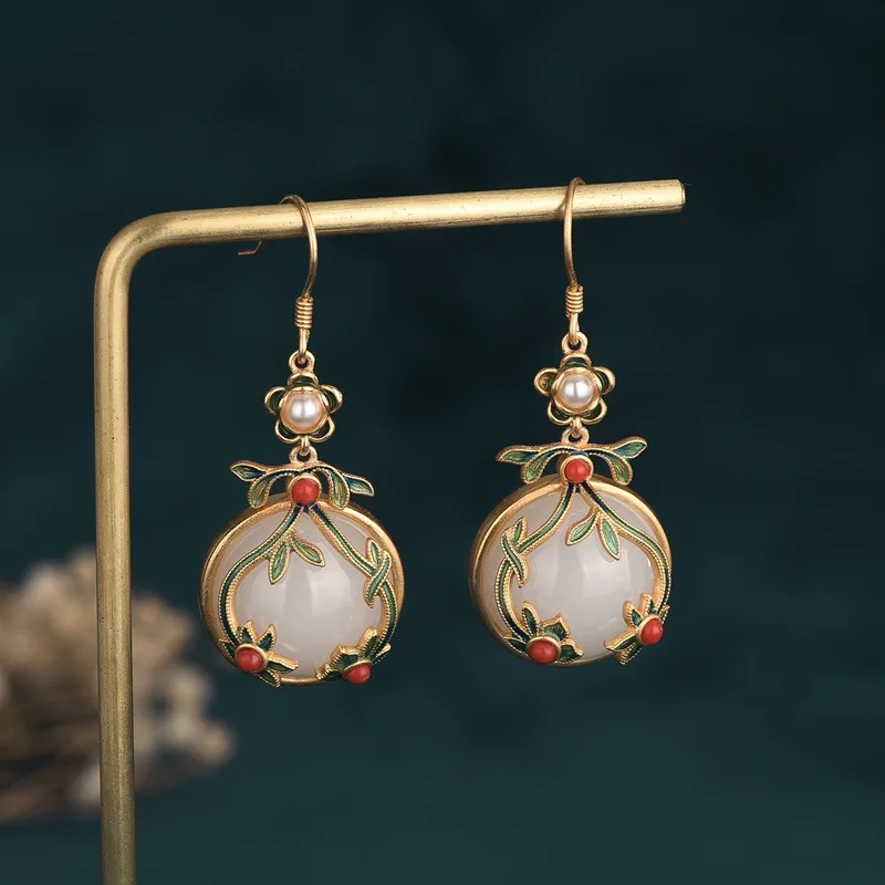 

Chinese Style Country Tide Earrings Imitation Hetian Yunan Red Earrings Gilt Accessories Retro Earrings for women Ear Jewelry
