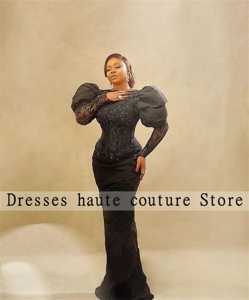 

Aso Ebi Black Beaded Appliques Mermaid Evening Dresses 2023 For Women Sheer Long Sleeves Party Dresses Formal Prom Dress