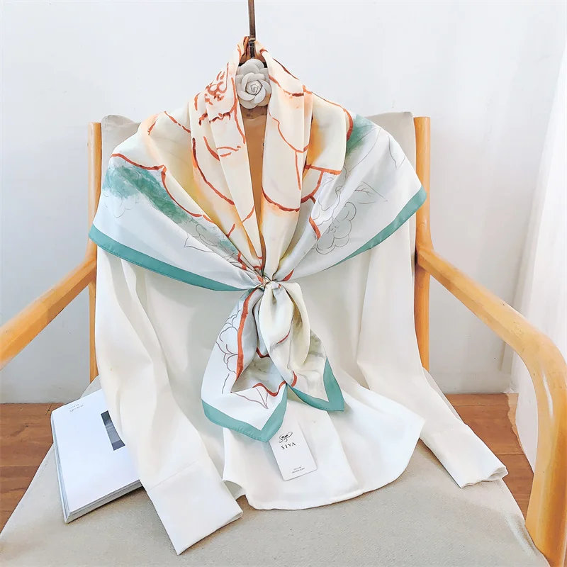 Модный Шелковый шарф 90*90 см для волос Женский носовой платок с цветочным принтом